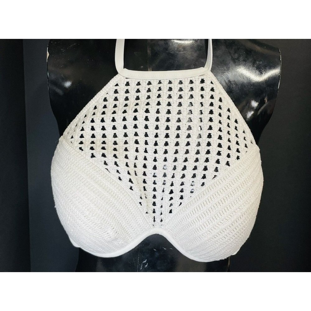 Bikini Top Crochet High Neck Halter Moderate Push Up White 36C